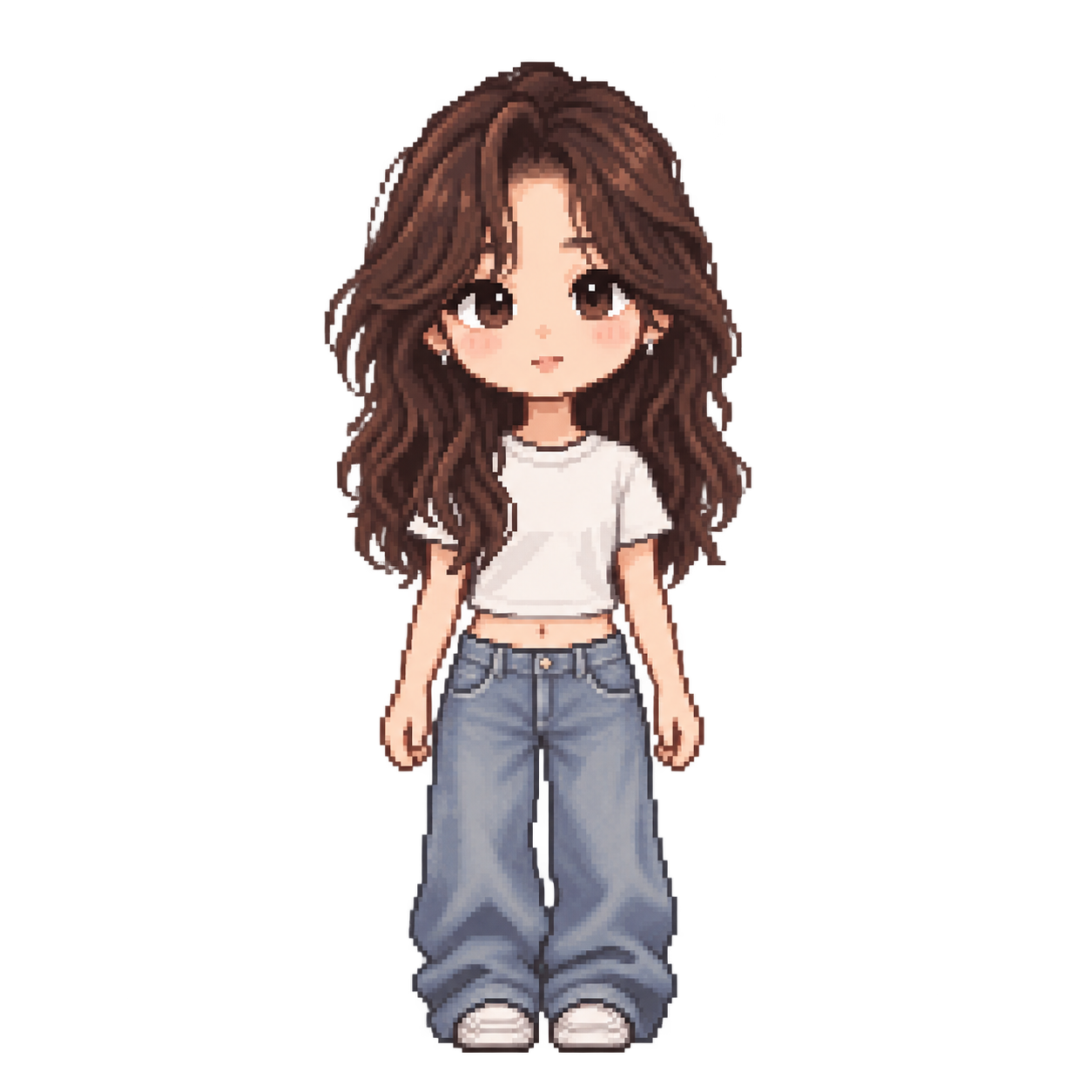 Pixel-art portrait of Joanna in a white shirt and jeans
