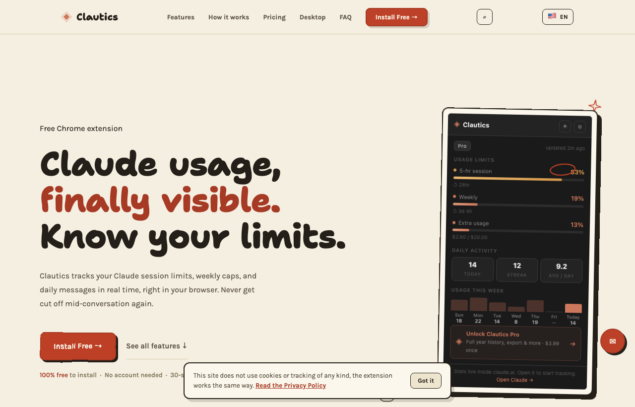Clautics Claude usage tracker homepage